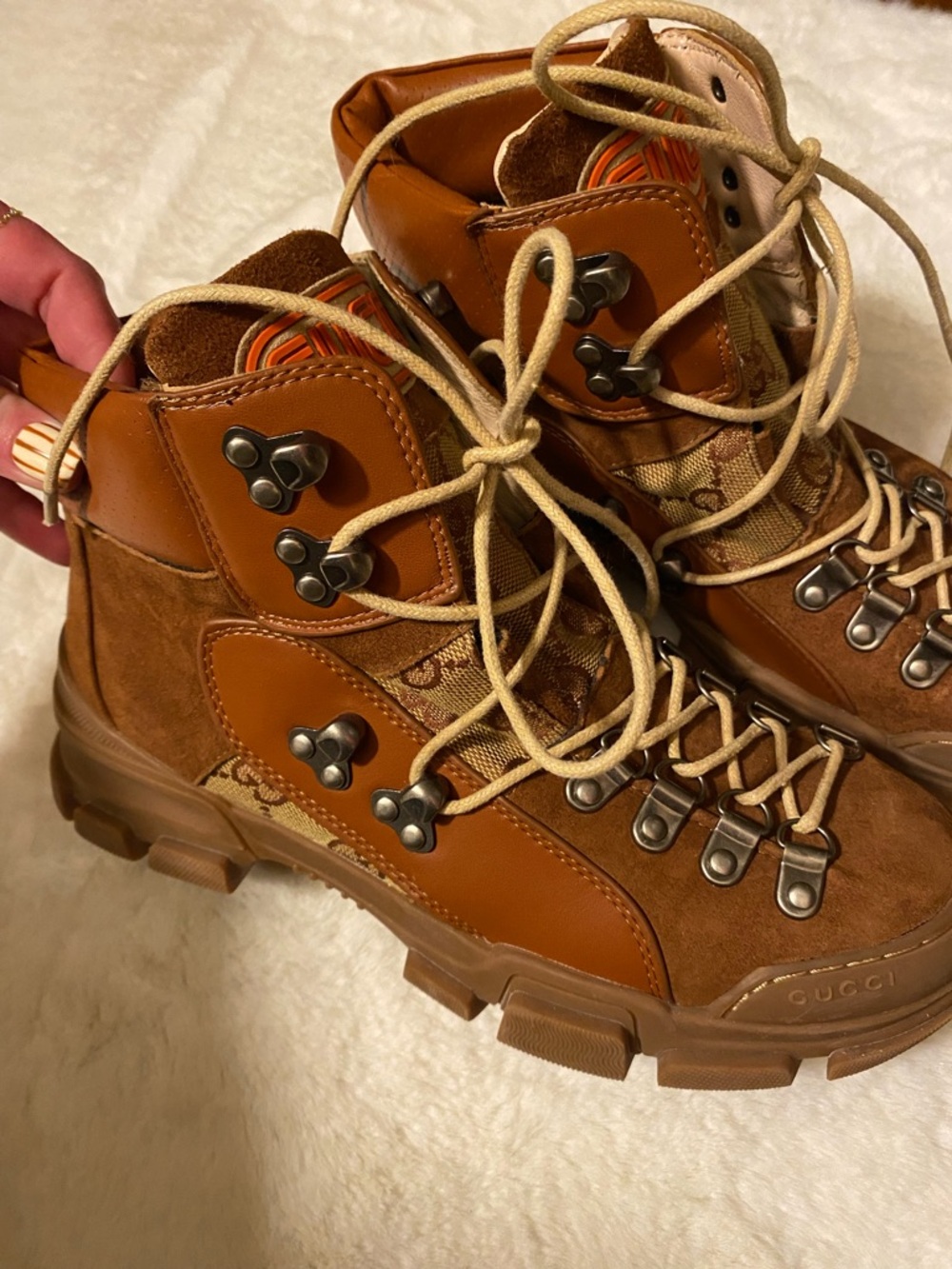 Gucci Brown Suede Canvas Lace Up Boots Women’s 7.5 - Picture 2 of 6